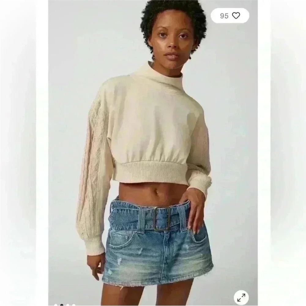 Urban Outfitters Cream Cable-Sleeve Cropped Sweater